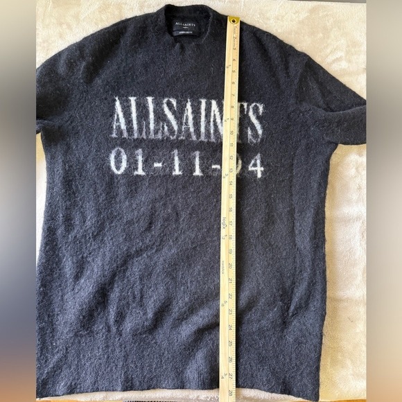 AllSaints Black Distressed Graphic Knit Sweater 01 11 94 Oversized Fit Men Small - Picture 6 of 7